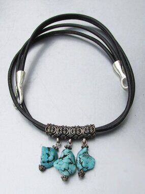 Vintage Turquoise Dangles Sterling Silver 2 Strand Black Leather Cord Necklace